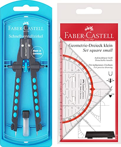 Faber-Castell 174340 - Schnellverstell Zirkel, Factory, blau mit original Geodreieck 14cm (mit Griff)