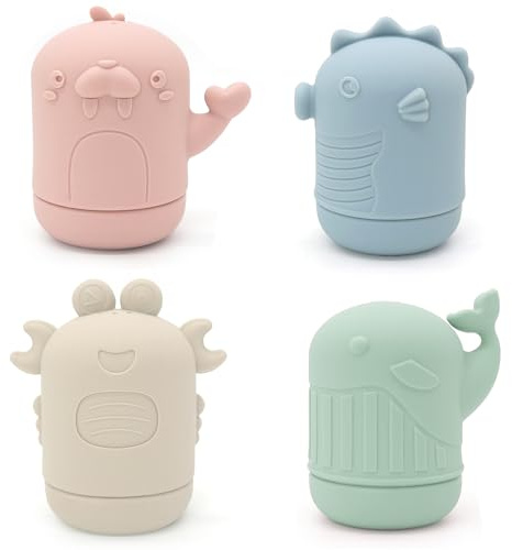 Ginbear Silicone Baby Bath Toys, Non-Toxic Mold Free Infant Squirty Bathtub Toys for Toddlers 6 Months+, Pack of 4 (Marine)