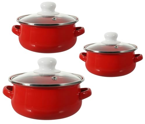 Mikinona 3pcs Enamel Mini Soup Pot with Double Handles Flat Bottom Design for Instant Noodles Milk and Soups Ergonomic Cooking Pots for Moisture Retention