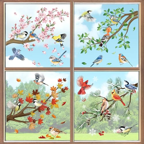 decalmile Spring Summer Birds Tree Branch Colorful Double Sided Window Clings Cherry Blossom Flower Branch Window Decals Anti-Collision Glass Window Doors Window Stickers