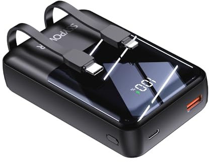 Chargeur de Téléphone Portable avec Câbles Intégrés 20000mAh Power Bank 22,5 W Charge Rapide Affichage LED Batterie USB C Ultra-Compacte Compatible avec iPhone 16 15 14 13 12 etc (Noir, 20000mAh)