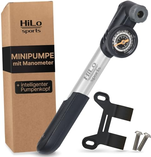 HiLo sports Fahrradpumpe klein für alle Ventile - [Intelligenter Pumpenkopf] - Automatischer Ventil Wechsel - 8 Bar Barometer Mini Luftpumpe - Mini Fahrradpumpe mit Rahmenhalterung (Silber-Schwarz)