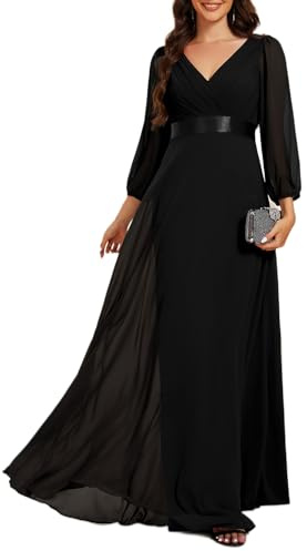 Ever-Pretty Robe de Soirée Élégante Col V Manches Longues Taille Empire pour Mariage Noir 36