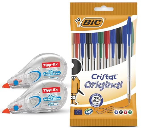 BIC Cristal Original Ballpoint Pens with Fine Point, 1.0mm in Assorted Colours, Pack of 10 & 2 X Tipp-Ex Mini Pocket Mouse Correction Tape Roller 5mm x 5m for Quick Corrections