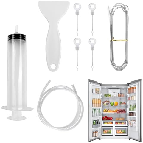 Esshogo 8 Pezzi Kit Pulizia Frigorifero, Kit Pulisci Tubi Frigorifero, Accessori per Frigorifero, Con 1.5m Spazzolas Frigorifer, 100ml Siringa, Tubo, Raschietto, 4 Insertis Di Foro Di Scarico