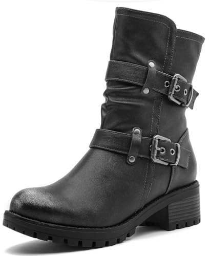 GLOBALWIN Black Combat Boots Women Ankle Biker Boots Distressed Silver Comfortable Low Heel Size 8M