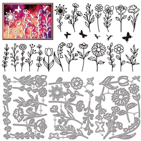 GLOBLELAND Troqueles de corte con flores silvestres y diseño de hojas para el diseño de tarjetas, mariposa, libélula, estampado de metal, flores y hojas, plantillas de troquelado para manualidades