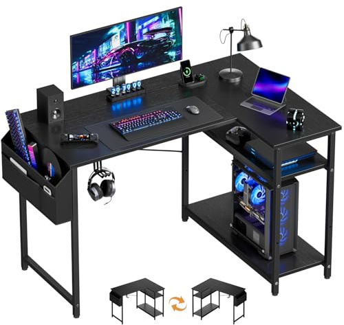 SOLAVERO Escritorio Esquinero 110 x 80 cm, Mesa Gaming con Estante Reversible, Escritorio en L con Almacenamiento, Mesa Ordenador para Oficina en Casa, Estudio y Juegos, Negro