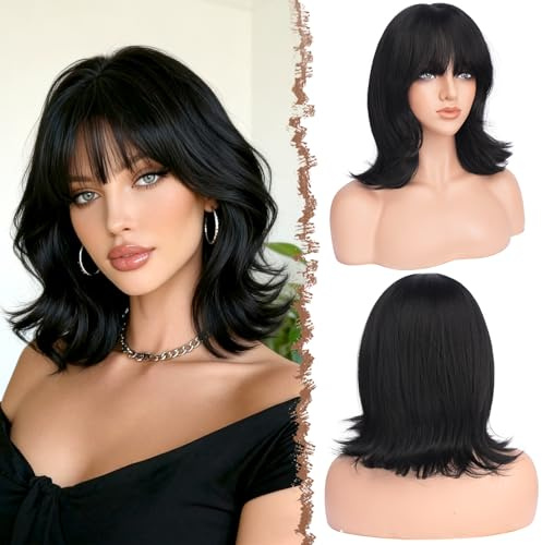 FESHFEN Pelucas Ondulada Bob con Flequillo - Negro Natural Pelucas a Capas para Mujeres Naturales Sintético Peluca para Diaria Fiesta Carnaval, 35 cm