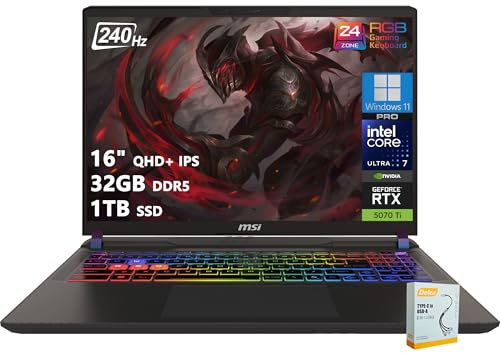 msi Vector 16 HX AI Gaming Laptop | 16 QHD+ IPS 240Hz | Intel Core Ultra 7 255HX | 32GB DDR5 1TB SSD | GeForce RTX 5070 Ti (Up to 992 AI Tops) | RGB Backlit Thunderbolt 5 Win11 Pro w/DLCA Accessory