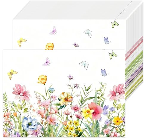 Tovagliette in carta con fiori selvatici primaverili in carta, confezione da 50, 25 x 35 cm, motivo floreale e farfalle, tovagliette usa e getta per feste primaverili ed estive e come decorazione da