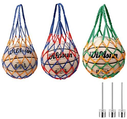 AEKZOX 3 Pezzi Rete Portatile per Palloni Sportivi, Sacca Porta Palloni per Calcio, Pallavolo, Pallone da Basket (Alta Resistenza con Manici Rinforzati)