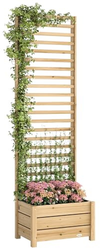 Outsunny Hochbeet mit Rankgitter Holz erhöhter Blumenkasten mit Spalier Abflussloch Vliesstoff, Pflanzkasten Pflanzkübel Blumenkübel Rankkasten für Kletterpflanzen Garten 60 x 39 x 200 cm Naturholz