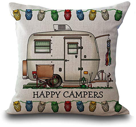 Hengjiang Baumwollleinen-Kissenbezug, 45 cm x 45 cm, mit Cartoon-Wohnwagen-Motiv und Aufschrift „Happy Campers“ (in engl. Sprache), Kissenhülle für Sofa-/Dekorkissen 10