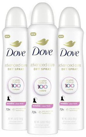 Dove Advanced Care Antiperspirant Deodorant Spray Clear Finish 3 Count Invisible antiperspirant Deodorant Tested on 100 colors 72-Hour Odor and Sweat Protection with Pro-Ceramide Technology 3.8 oz