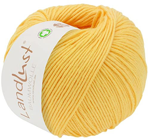 LANA GROSSA Landlust Baumwolle | Klassisches Bio-Baumwollgarn, Gots zertifiziert | Handstrickgarn aus 100% Baumwolle (Bio) | 50g Wolle zum Stricken & Häkeln | 115m Garn FB 5 Gelb