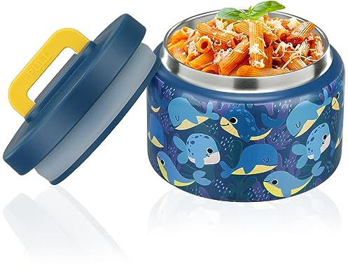 PIQUEBAR 8oz Kids Thermo for Hot Food,Small Lunch Thermos Food Container Stainless Steel,Easy Open Wide Mouth Thermo for Hot Cold Food for Preschool Travel (Blue Whale)