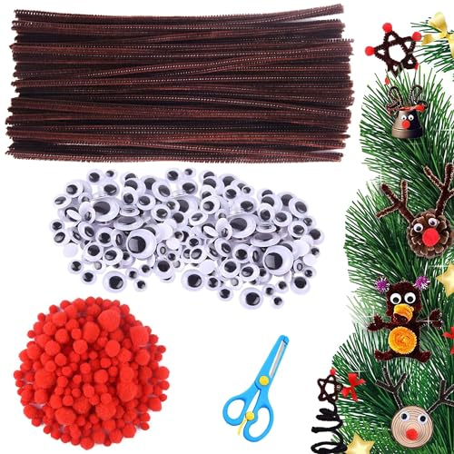 400 Stück Pfeifenputzer Braun Chenilledraht Pfeifenreiniger Braun zum Basteln pfeiffenputzerdraht mit Rote Pompons Wackelaugen Selbstklebend Weihnachten Rentier Bastelset