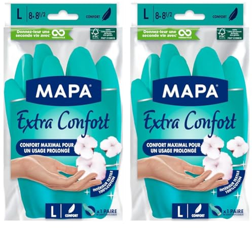 Mapa - Extra Confort - Gants de Ménage en Latex Doublure Textile 100% Coton - Confortables et Résistants pour un usage prolongé - 1 paire - Taille L (Lot de 2)