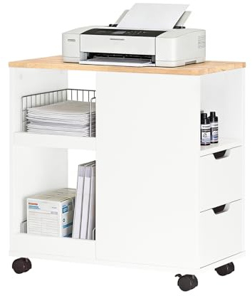 SoBuy Soporte para Impresora con Ruedas – Mueble para Impresora y Mesa Auxiliar para Oficina y Home Office, con Cajones y Almacenaje, L60 x P30 x H60 cm, FBT130-WN