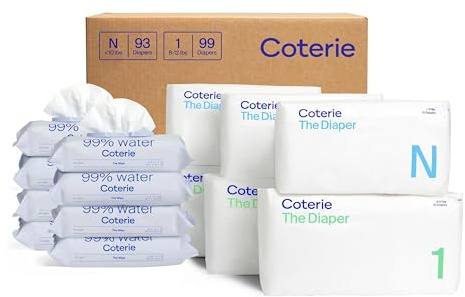 Coterie Baby Wipes + Diapers Kit, Size 1 (99 Count) & Size Newborn Diapers (93 Count), 8 Pack (448) Baby Wipes with 99% Water, Plant Based Materials, Hypoallergenic for Sensitive Skin