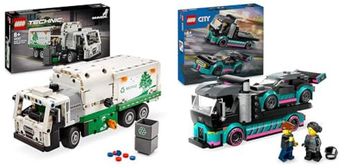 LEGO Technic Mack LR Electric Garbage Truck Toy & City Race Car and Car Carrier Truck Toy, Vehicle and Transporter Building Set for 6 Plus Year Old Boys & Girls with Adjustable Loading Ramp