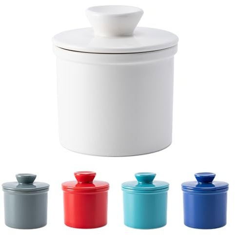 Husfunov Butter Crock With Water Line for Countertop, French Dish With Lid, Ceramic Keeper for Fresh Spreadable Butter, Container Holder for Kitchen and Home Decor, White