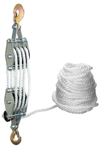 QWORK® Puleggia per paranco a fune 2000 kg - Acciaio zincato - 8 pulegge - Sollevamento 2,4 m - Fune in nylon resistente da 20 m