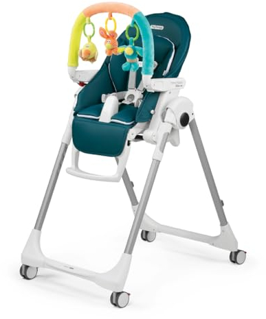 Peg Perego Prima Pappa Follow Me Plus - Seggiolone e Sdraietta Neonato, Dalla Nascita, Regolabile in Altezza, 4 Ruote, Barra Gioco, Doppio Vassoio, Rivestimento Ecopelle, Chiusura Compatta, Petrolio