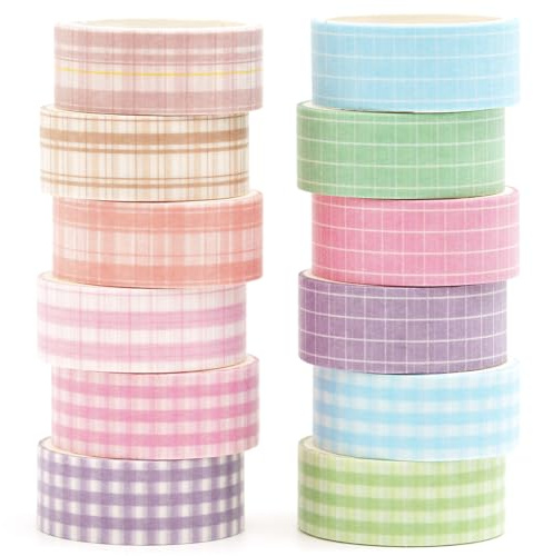 Songdao Rutnät Washi Tape set 12 rullar skotskrutigt tyg, dekorativ tejp, färgglad för scrapbooking, bullet dagbok, planerare, presentförpackning (stil Four)