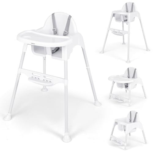 COSTWAY 4 en 1 Tronas de Bebe, Trona Portatil con Bandeja Ajustable y Extraíble, Silla Alta para Bebés y Niños, Silla de Comer Convertible con Arnés de Seguridad y Reposapiés (Blanco)