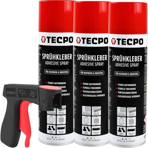 TECPO Lot de 3 tubes de colle en spray 500 ml - Colle industrielle forte adhérence - Séchage rapide - Résistance aux températures élevées - Polyvalent pour textiles, cuir, mousses, matériaux isolants,