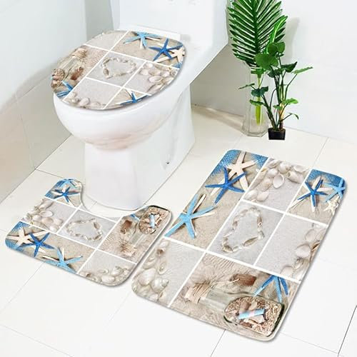 Badezimmerteppich Beige Beach Stones WC Vorleger mit Ausschnitt WC Deckelbezug 3 Teiliges WC Teppich rutschfeste Badgarnitur U förmiger Badematte Waschbar Bad Teppiche Set 50x80 cm
