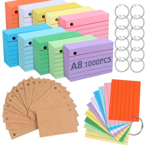 moinkerin Index Cards 1000 Pieces 2.91 * 2.05inch Inch Multicolor Record Cards with 12 Binder Rings 20 Kraft Paper Flashcards for Office Home School Learning
