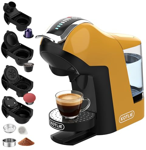 KOTLIE Macchina da caffè multifunzione compatibile per uso capsula e polvere, 3 tempi, 7 livelli di acqua, 1 L serbatoio acqua EM-308B (giallo)