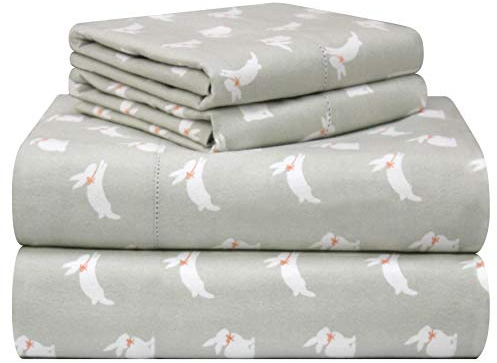 pointehaven Set di lenzuola in flanella con stampa in cotone di lusso, 180 g/m², King, coniglietti