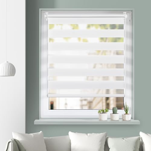 Grandekor Tende a Rullo per Interni Doppio Strato 55l x 230A cm (Tessuto 51 cm) Bianco Tenda a Rullo Facile Installazione- Ideale per Soggiorno Ufficio Trasparente & Oscurate