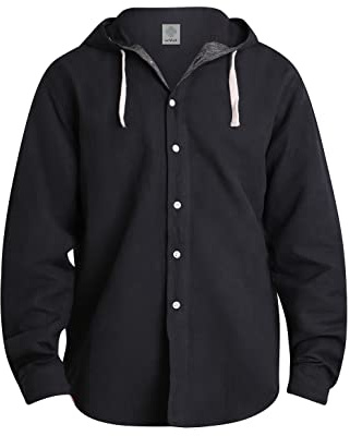 virblatt - Camicia estiva da uomo | lino e cotone | camicia hippie, camicia da uomo a maniche lunghe, con cappuccio | camicia da pescatore, Nero , XL