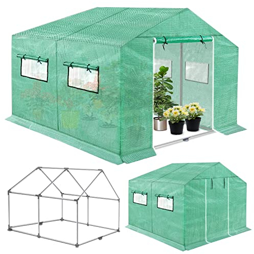 XMTECH Serre en film plastique - 300 x 200 x 200 cm - Pour légumes, plantes, fruits, jardin - Avec film grillagé résistant aux UV et fenêtre - Toit pointu - Vert