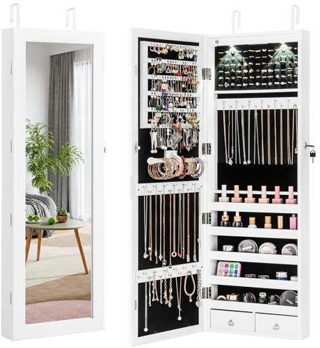 GYMAX Armadietto Portagioie con Specchio, Specchiera Portagioielli Sospesa, con 2 Luci a LED, Ampio Spazio di Archiviazione, di Legno, 123,5x37x9,5 cm (Bianco)