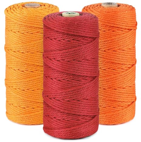 ilauke - Set di 3 filati di cotone macramè, 3 mm, per progetti fai da te, 3 x 100 m, corda di cotone per arazzo da parete macramè, acchiappasogni, fioriere, oro + arancione + rosso