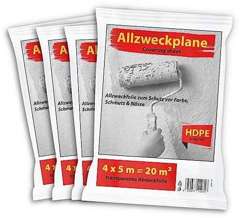 4 Stück Hypafol Abdeckplane transparent I Maler Abdeckfolie 4 x 5m aus hochwertigem HDPE zum Schutz vor Farbe, Schmutz & Nässe I robuste Malerfolie für den Innen & Außenbereich I einzeln verpackt