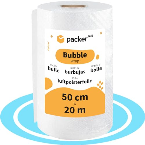 packer PRO Rouleau Papier Film à bulles 50cm x 20m, Film Bulles Rouleau pour Emballage, Papier Bulle Déménagement, Idéal pour Objets Fragiles, Déménagements, Emballage, Envoi et Expédition