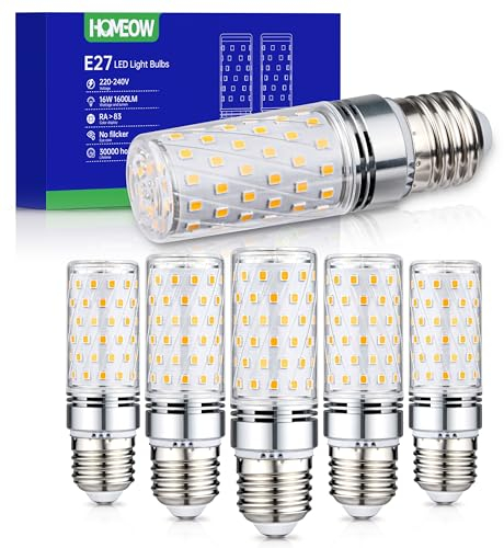 HOMEOW E27 LED Warmweiss 2700K, Extra Hell 16W 1600LM Glühbirne, Ersetzt 150W Lampe, Maiskolben LED E27 Energiespar Leuchtmittel, Nicht Dimmbar, AC 220-240V, 6er Set
