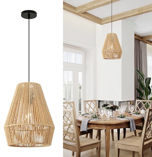 FORCOSO Pendelleuchte Esstisch, Vintage Hängeleuchte Rattan, E27 Boho Lampe Esszimmerlampe Rattan Hängelampe, Rustikal Hängend Deckenleuchte Esstischlampe für Esszimmer Küche Schlafzimmer Wohnzimmer