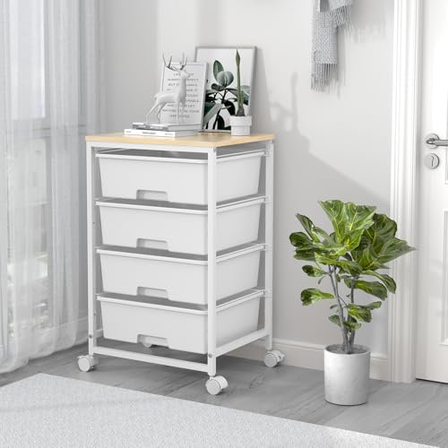 SYKIARIOL 4 Drawers Storage Trolley, Multipurpose Storage Drawer Unit with Lockable Wheels, Utility Rolling Storage Cart for Home Office Classroom, Bright White
