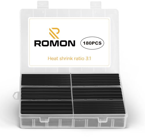 Romon 180 Pezzi Guaina Termorestringente Nera, Termorestringente per Cavi Elettrici, Guaina Termorestringente Tubi, Kit Tubo Termorestringente, Rapporto di Restringimento 3: 1, 7 Taglia