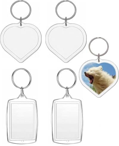 LOZTBUE Set de 4 porte-clés cadre photo, porte-clés photo acrylique, porte-clés en forme de cœur, cadeau pour homme, femme, anniversaire, anniversaire, transparent