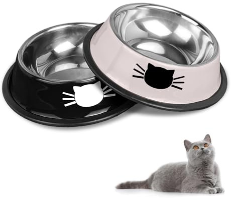 Juego de cuencos para gatos HTRTRR, cuencos antideslizantes de acero inoxidable, comederos y bebederos para gatos y mascotas (negro + gris)