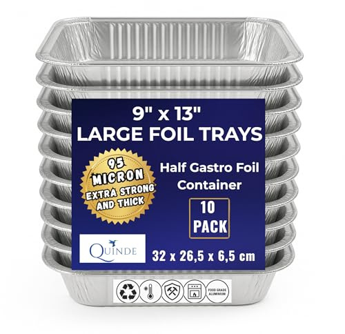 QUINDE Large Tin Foil Trays 9x13 – Deep Heavy Duty Aluminium Baking & Roasting Trays 3500ml, 95 Micron Disposable Cooking Trays Pack of 10